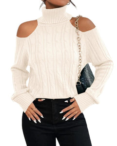 Langwyqu Womens Cold Shoulder Turtleneck Sweaters 2025 Fall Long Sleeve Soft Cable Knit Pullovers Sexy Jumper Tops Beige