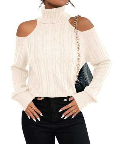Langwyqu Womens Cold Shoulder Turtleneck Sweaters 2025 Fall Long Sleeve Soft Cable Knit Pullovers Sexy Jumper Tops Beige