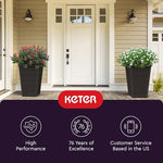 Load image into Gallery viewer, Keter Set of 2 Resin Modern Outdoor 22 Inch Tall Large Flower Pots, Tapered Wood Look Planters for Outdoor Plants and Front Porch Decor, Graphite

