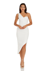 Load image into Gallery viewer, Dress the Population Women&#39;s Magnolia Crepe, Midi, Bodycon, Asymmetric Neck Dress, White, Medium
