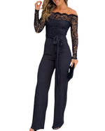 Load image into Gallery viewer, Women Off Shoulder Long Sleeve Black Jumpsuit Floral Embroidery Lace Overalls Casual Wide Leg Rompers with Belt Black-L

