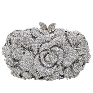 Boutique De FGG Flower Evening Bags for Women Wedding Handbags Crystal Clutch Purse Prom Rose Rhinestone Clutch Purses,Mini,Silver