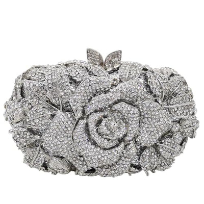 Boutique De FGG Flower Evening Bags for Women Wedding Handbags Crystal Clutch Purse Prom Rose Rhinestone Clutch Purses,Mini,Silver