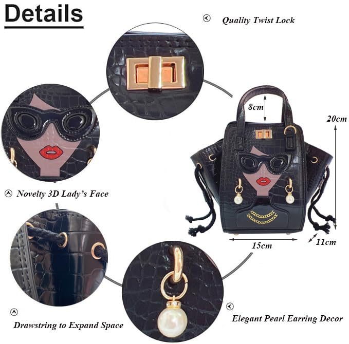 Novelty Unique 3D Lady Face PU Leather Top Handle Satchel Handbags for Women Funky Tote Purse Hobo Crossbody Shoulder bags (Crocodile Black)