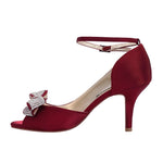 Load image into Gallery viewer, ERIJUNOR E1599 Women Comfortable Middle Heel Peep Toe Bows Rhinestones Satin Wedding Evening Party Shoes Burgundy US 8

