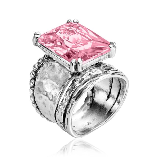 JEAN RACHEL JEWELRY 925 Sterling Silver Ring - Hammered Vintage Design with Octagon Shaped Cubic Zirconia - Hypoallergenic, Lead & Nickel Free - Artisan Handcrafted Statement Rings for Women, Pink