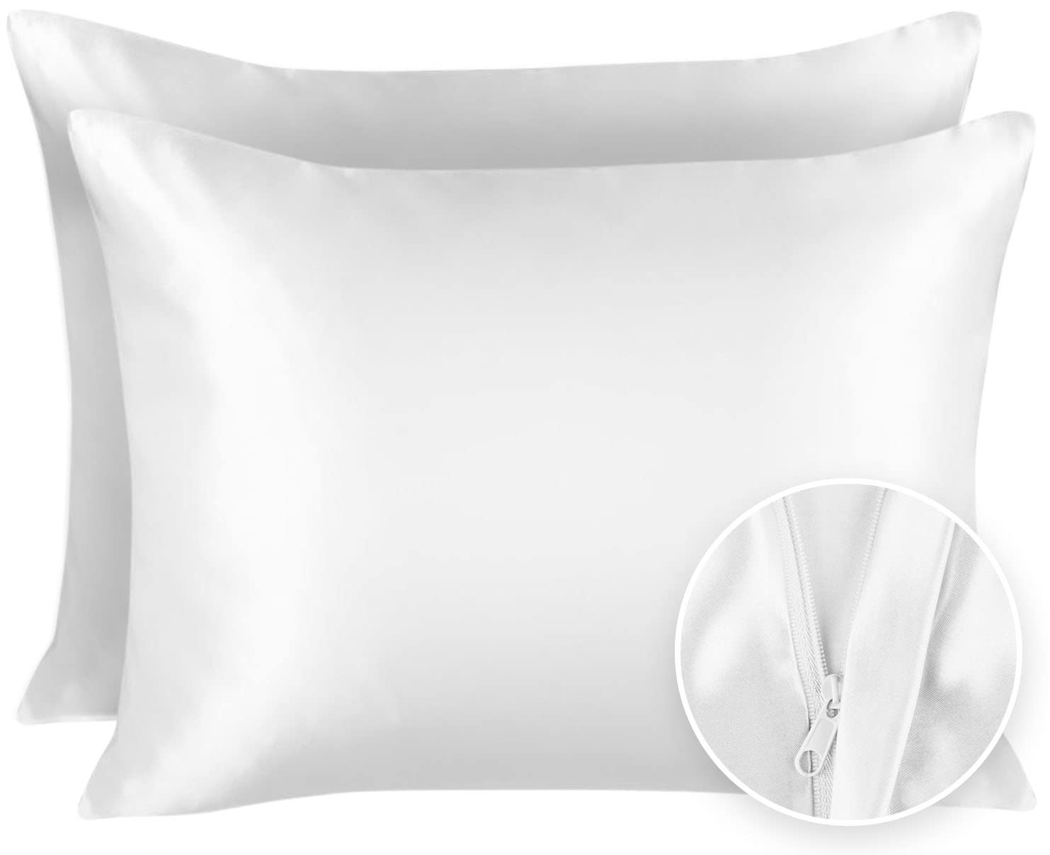 ShopBedding Satin Pillowcase with Zipper for Hair and Skin Care, Feels Soft and Cool Like a Silk Pillowcase, White Satin Pillow Cases 2 Pack, Slik Pillow Cover, Standard Size - Set of 2 - Blissford