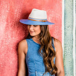 Load image into Gallery viewer, Wallaroo Hat Company Women’s Petite Kristy Fedora – UPF 50+ Sun Protection, Wide Brim, Packable Design, Adjustable Sizing for Smaller Crown Sizes – Sun-Safe Hat for Travel and Everyday (Ivory/Blue)
