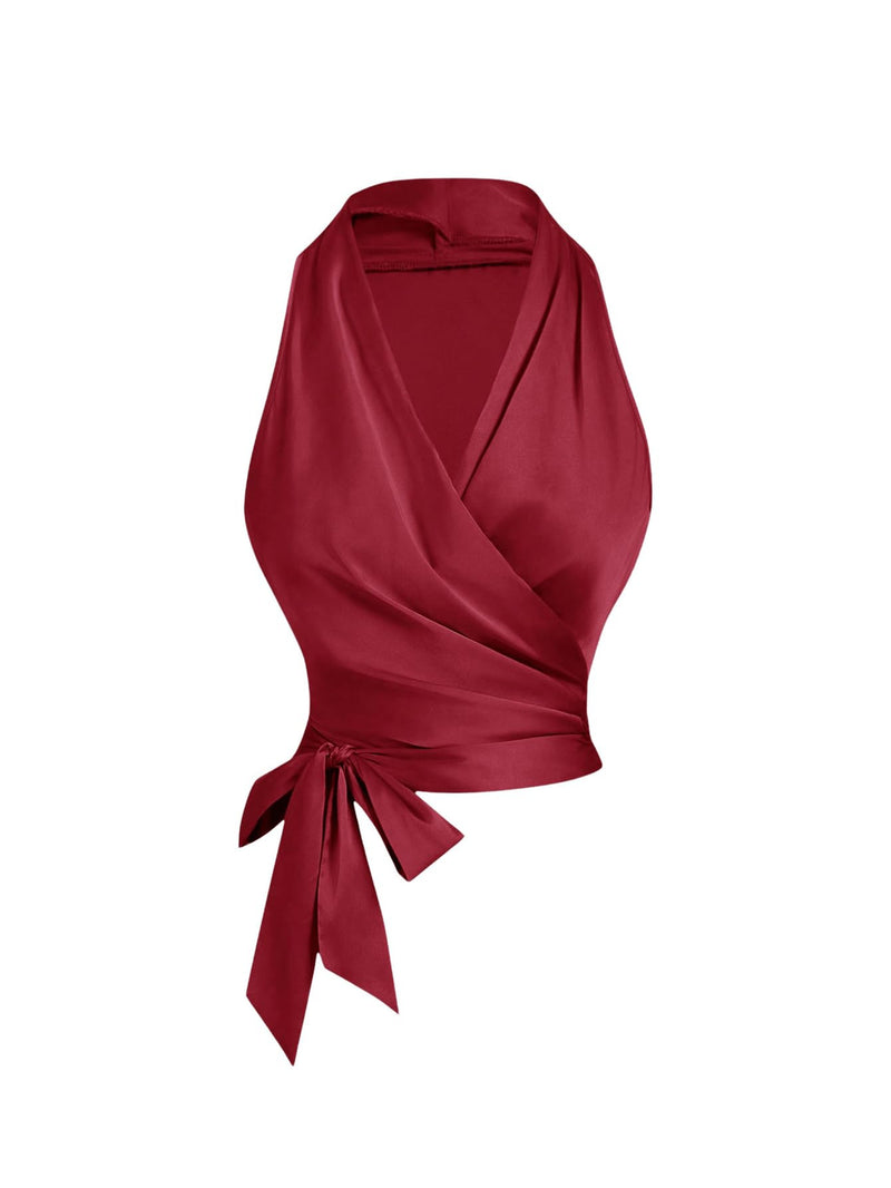 SHENHE Women's Satin Wrap Ruched Tie Side Tank Top Deep V Neck Sleeveless Elegant Blouse Burgundy X-Small