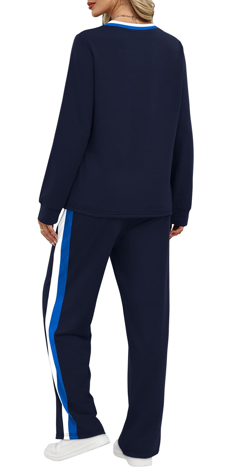 WIHOLL Lounge Sets for Women 2 Piece Winter Clothing 2025 Fall Outfits Fashion Cute Long Sleeve Tops Shirts Vacation Travel Cruise Airport Pajama Navy Blue M