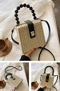 QZUnique Straw Bucket Bags for Women Top Handle Drawstring Woven Handbag Shoulder Bag Summer Beach Purses with Bamboo Handle