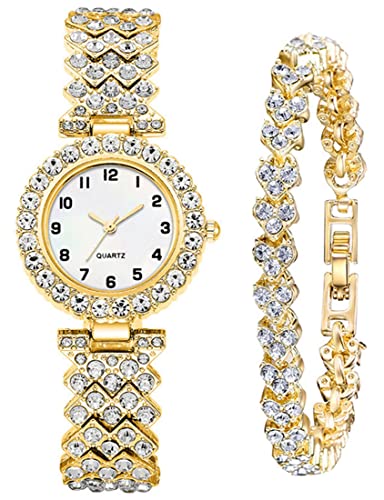 SENRUD Luxury Quartz Chain Bracelet Watches Women Crystal Diamonds Dress Female Waterproof Wristwatch (Gold)