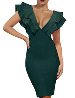 Load image into Gallery viewer, UONBOX Women's Ruffle Short Sleeve Plunge V Neck Bodycon Dress Back Split Bandage Party Club Dress Green S
