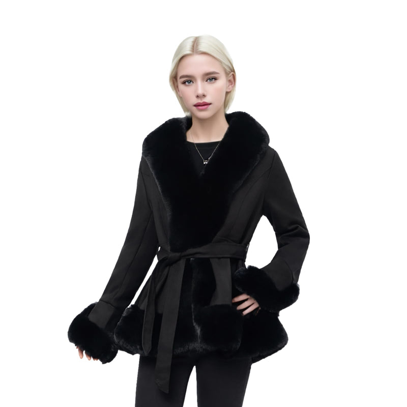 NXBC Winter Faux Fur Coats for Women, Faux Suede Leather Trench Coat Jacket with Belted Waist, Windproof Water Resistant Long Sleeve Parka Outerwear FC008-BLACK-S