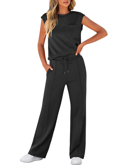 ANRABESS Two Piece Sets for Women Summer Sleeveless Sweatsuits Wide Leg Casual Lounge Set Matching Vacation Travel Outfits Medium