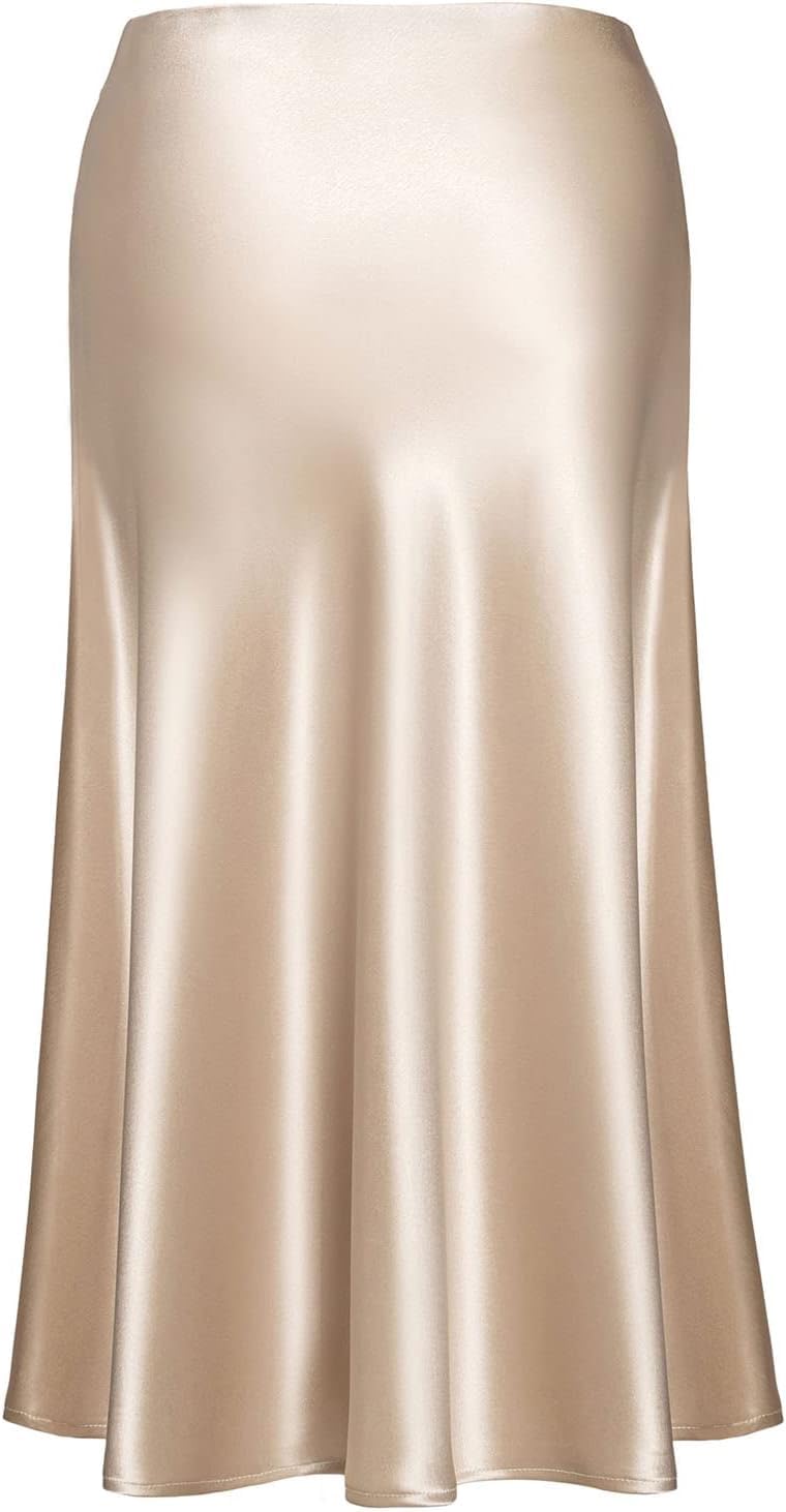 Basoteeuo Midi Skirts for Women High Waist Satin Summer Casual Trendy Summer Sexy Midi Length Elastic Skirt Beige Skirt XS
