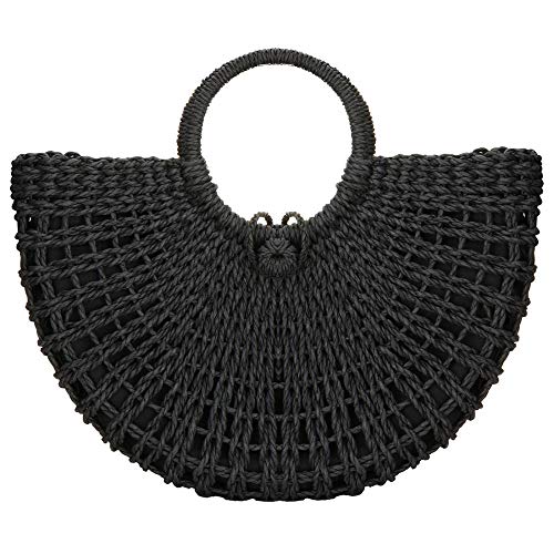 Straw Bags for Women,Hand-woven Straw Top-handle Bag with Round Ring Handle Summer Beach Rattan Tote Handbag (Black)