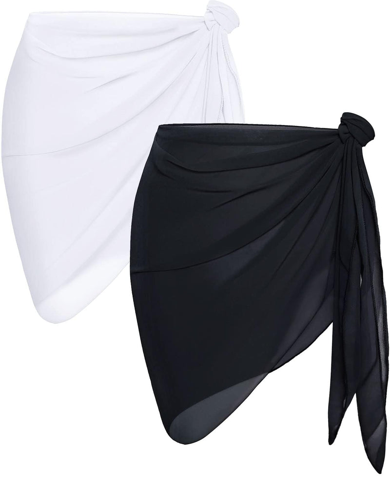 2 Pieces Sarong Cover Ups for Women Beach Bathing Suit Wrap Sheer Short Skirt Bikini Chiffon Scarf for Swimwear (Black and White)