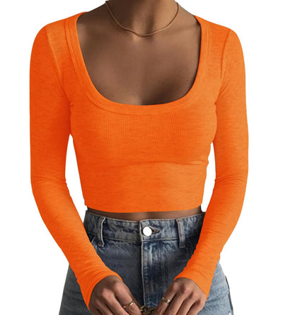 Artfish Women's Square Neck Long Sleeve Ribbed Slim Fitted Casual Basic Crop Top (Pumpkin Orange, XL)