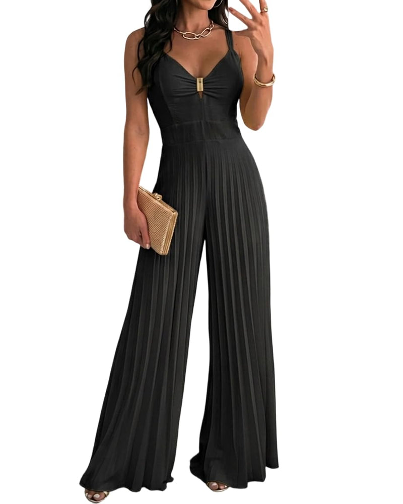 CHICME Women 2026 Sleeveless Deep V Sling Jumpsuit High Waist Pleated Jumpsuit Casual Beach Party Outfit with Lining-bk-L