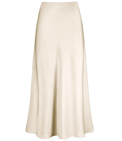 Outoshe Women's Satin High Waisted Maxi Skirts Hidden Elasticized Waistband A Line Long Skirt Beige
