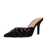 Load image into Gallery viewer, DOEYG Studded Heeled Mules for Women Suede Vintage Stiletto Heels Pointy Slip on Bow Tie Pumps Shoes Backless Mid Heels Dress Party Slide Heeled Sandals for Women
