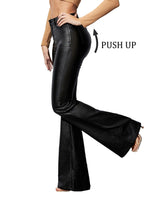 Load image into Gallery viewer, Lover Premium Women's Faux Leather Coated Flare Pants Mid Waist PU Skinny Black Leggings Bell Bottom Pants with Pockets
