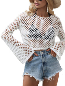 KEOMUD Women Mesh Crochet Crop Top Long Sleeve Hollow Out Knit Sweater Bikini Beach See Through Cover Ups A White Large
