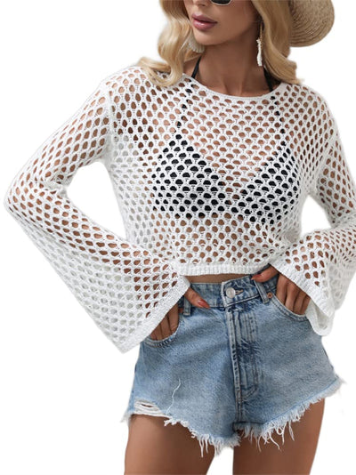 KEOMUD Women Mesh Crochet Crop Top Long Sleeve Hollow Out Knit Sweater Bikini Beach See Through Cover Ups A White Large