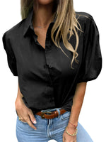 Load image into Gallery viewer, Tankaneo Women&#39;s Button Down Shirts Short Puff Sleeve Collared Dressy Casual Blouse Tops Black
