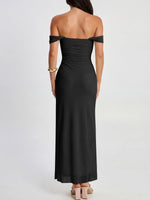 Load image into Gallery viewer, Caracilia Womens Summer Off The Shoulder Formal Bodycon Maxi Dresses High Slit Ruffle Hem Mesh Wedding Guest Cocktail Dress Black Medium

