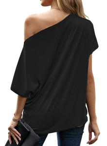 Womens Summer Black Off The Shoulder Tops Sexy Casual Short Sleeve 2025 Trendy Ladies Cute Front Twist Knot Batwing Dolman Going Out Oversized T Shirts Blouse Fashion Clothes L