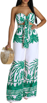 Load image into Gallery viewer, Two Piece Outfits for Womens Summer Boho Tropical Sexy Halter Criss Cross Crop Tops High Waist Straight Long Pants Beach Sets Cover Ups Swimsuit(Small)
