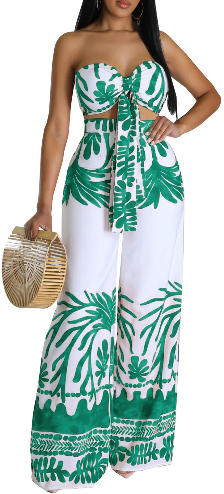 Two Piece Outfits for Womens Summer Boho Tropical Sexy Halter Criss Cross Crop Tops High Waist Straight Long Pants Beach Sets Cover Ups Swimsuit(Small)