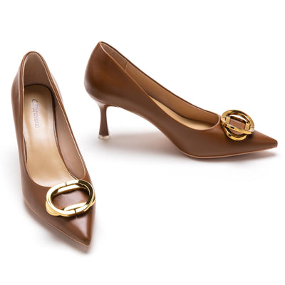 C.Paravano Luxury Metal Accent Stiletto Heels | Business Meeting & Wedding Shoes | Memory Foam Comfort | Slip-Resistant Work & Cocktail Pumps (Brown,Size 8.5)