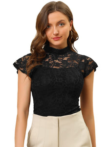 Allegra K Women's Elegant Floral Lace Blouse Short Sleeve Keyhole Back Fitted Semi Sheer Top Medium Black