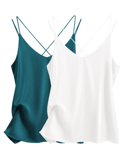 Ekouaer Womens 2-Pack Silk Satin Camisole Tank Top V Neck Sexy Cross Back Spaghetti Strap Cami Sleeveless Lounge Tops