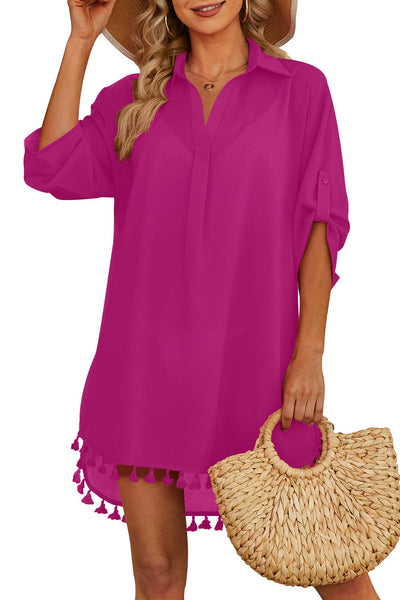 Yincro Women Swimsuit Cover Up Shirt 2025 Tassel Beach Bathing Suit for Swimwear Bikini Dress(Rose Pink, L)