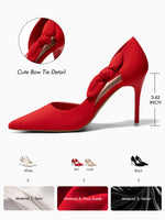 Load image into Gallery viewer, Coutgo Womens Stiletto High Heels Closed Pointed Toe Bow Pumps D'Orsay Wedding Bride Dress Shoes, Red, Size 7
