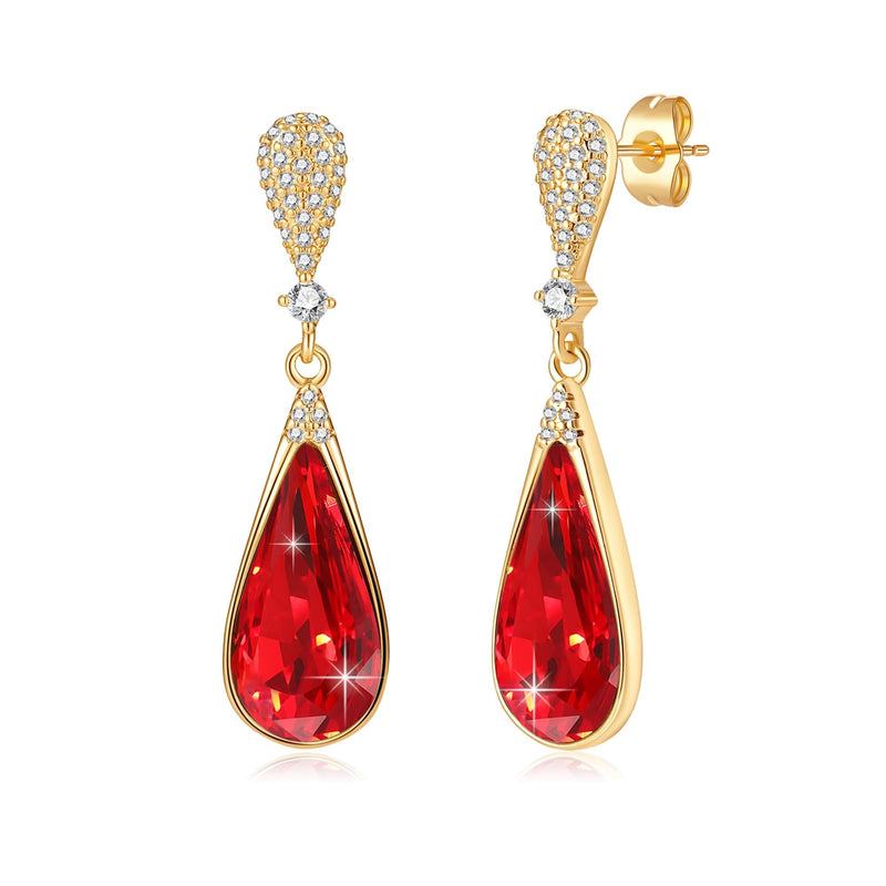 Austrian Crystal Teardrop Dangle Drop Earrings for Women 14K Gold Plated Hypoallergenic Jewelry Gift (Red)