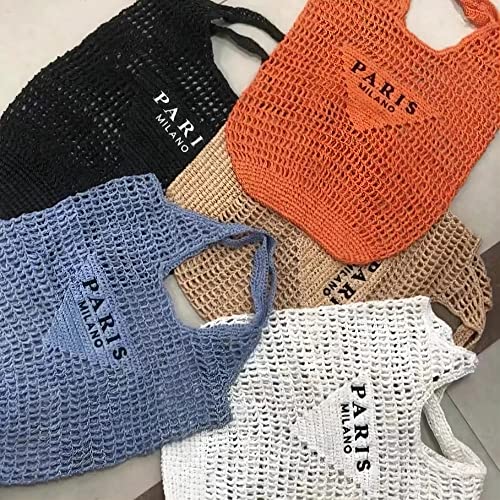 POOOPSSD New Woven Bag, Straw Mesh Tote Bag, Beach, Shoulder Bag, Hobo Women, Foldable Large Capacity, for Holiday, Picnic and Party. (Khaki)
