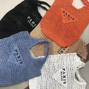 POOOPSSD New Woven Bag, Straw Mesh Tote Bag, Beach, Shoulder Bag, Hobo Women, Foldable Large Capacity, for Holiday, Picnic and Party. (Khaki)