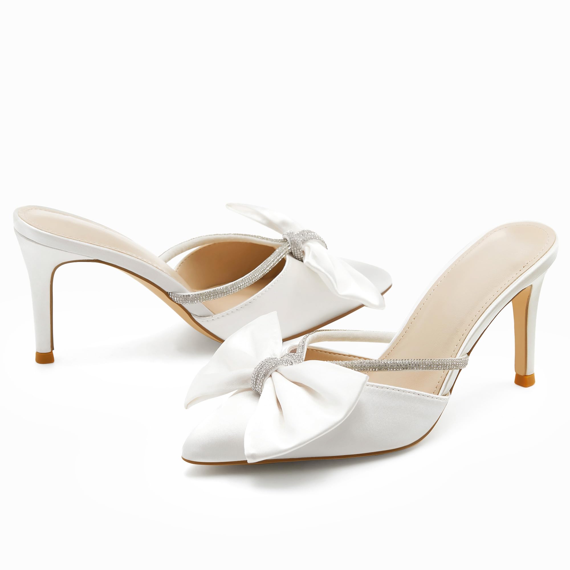 Coutgo Womens Bow Heels Mules Pointed Closed Toe Sandals Rhinestone Satin Backless Wedding Shoes, White, Size 9