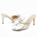 Load image into Gallery viewer, Coutgo Womens Bow Heels Mules Pointed Closed Toe Sandals Rhinestone Satin Backless Wedding Shoes, White, Size 9
