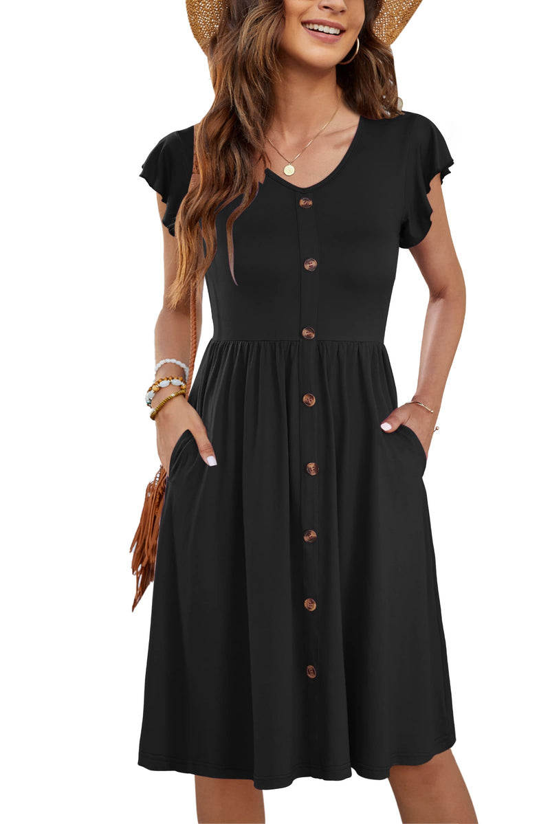 WNEEDU Women Summer Dresses Sleeveless Casual Loose Swing Button Down Midi Dress with Pockets(Black,M)