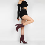 Load image into Gallery viewer, YODEKS Womens Ankle Boots Chunky Heel Short Ankle Booties Rivet Beaded Studded Pointed Toe 3.7 Inch High Block Heel Burgundy Boots Size 7.5
