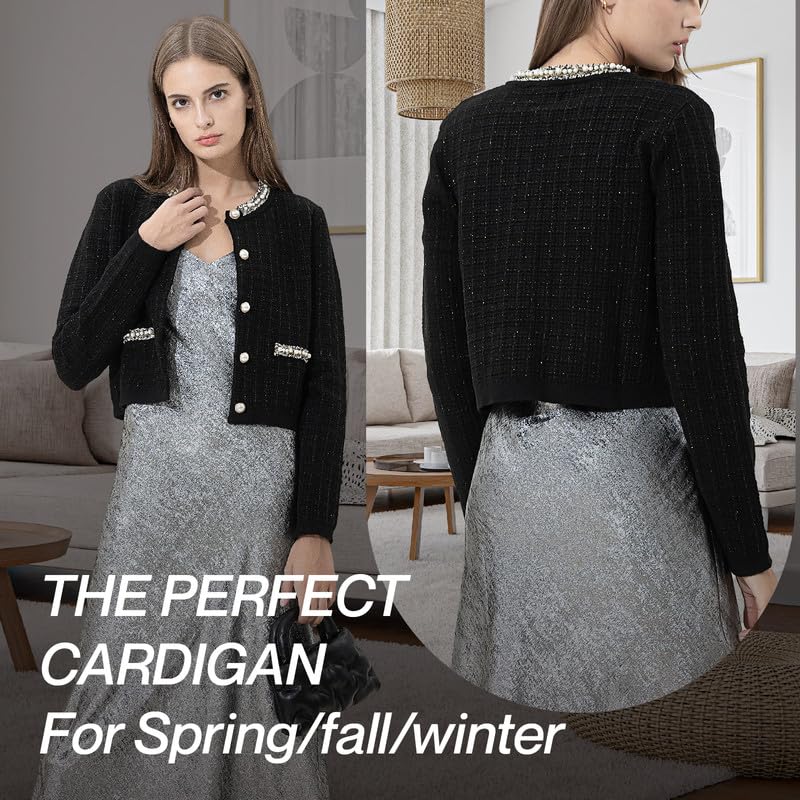 URBAN REVIVO Womens Cropped Cardigan Sweaters Open Front Casual Long Sleeve Knit Pearl Button Down Crew Neck Jacket 2025 Black, Medium