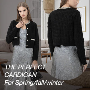 URBAN REVIVO Womens Cropped Cardigan Sweaters Open Front Casual Long Sleeve Knit Pearl Button Down Crew Neck Jacket 2025 Black, Medium