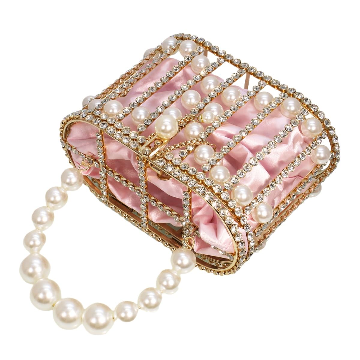 Tasysain Women Rhinestone Cage Bag Sparkling Hollow Pearl Evening Clutch Glitter Double-layer Detachable Basket Handbag, Pink