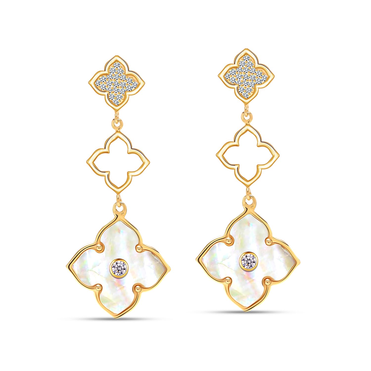 LeCalla 925 Sterlings silver Mother of Pearl Long Drop Earrings | 14K Gold-Plated CZ Three Clover Flower Drop Dangle Earring for Women